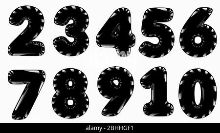 Set of black glossy with glare numbers on a white background isolate. 3D Stock Photo