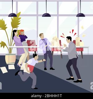 Angry boss shouting at employees. man stressfull. Office manager panic, employee missing, yelling mad and aggressive speech. Vector illustration Stock Vector