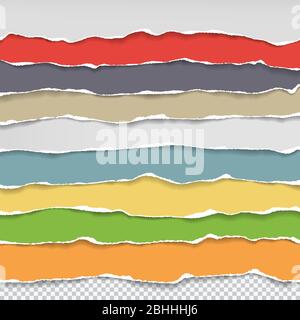 Pieces of torn, ripped horizontal colorful and white paper with soft shadow are on squared background for text. Vector illustration Stock Vector