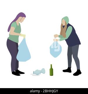 Volunteers collect garbage in packets. Vector people clean environment, ecology and rubbish waste collect illustration Stock Vector