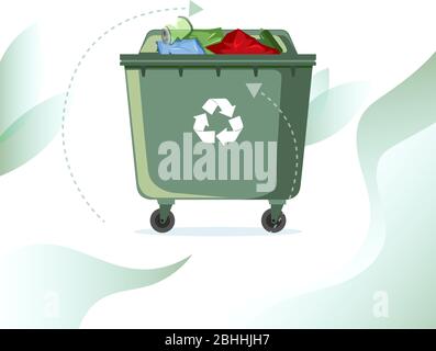 Rubbish street bin full with recycle symbol. Vector container waste, ecology recycle rubbish, garbage recycling, street dump overflowing illustration Stock Vector
