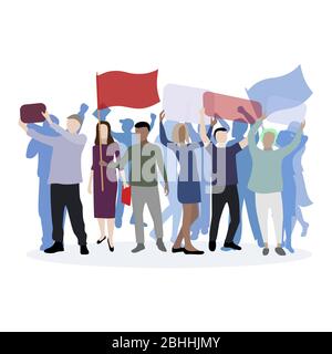 Political march supporting their candidate. Demonstration and rally, character social male and woman with flag and call, picket activist protest, demo Stock Vector