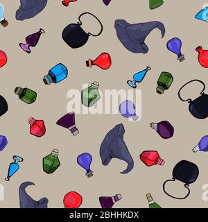 Cartoon alchemy flasks seamless pattern. Bright colors fantasy pattern. Stock Vector