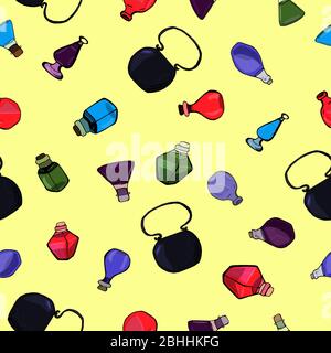 Cartoon alchemy flasks seamless pattern. Bright colors fantasy pattern. Stock Vector