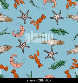 Funny lobsters. Cartoon fishes. Sealife pattern. Stock Vector