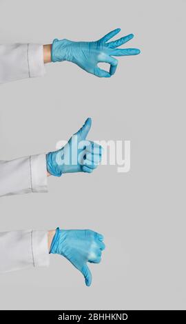 Closeup of doctor hands in rubber gloves showing different gestures on grey background, collage Stock Photo