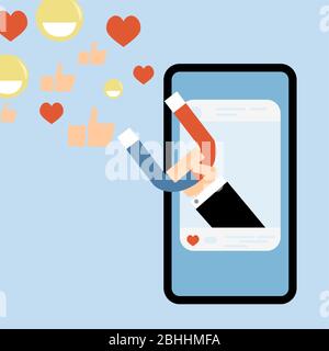 Social media influence, attract like, smile and attention. Influence online social media, business follow campaign, influencer strategy, feedback attr Stock Vector