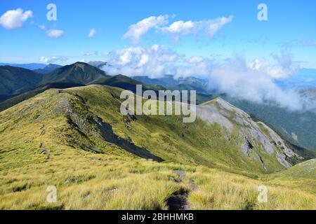 Beautiful mountain landscape. Mount Arthur Range, Kahurangi National Park, New Zealand, South Island. Stock Photo