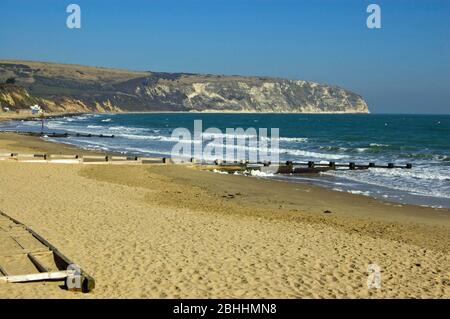 The sandy beach at the resort of Swanage, Dorset. Stock Photo