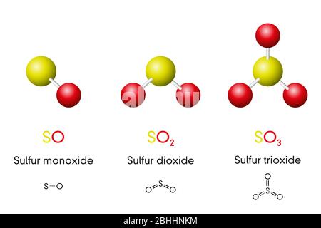 Three sulfur oxides, molecule models and chemical formulas. Sulfur monoxide, dioxide and trioxide, SO, SO2, SO3. Ball-and-stick models. Stock Photo