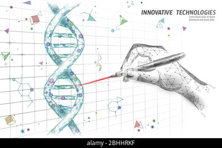 DNA 3D structure editing medicine concept. Low poly polygonal triangle gene therapy cure genetic disease. GMO engineering CRISPR Cas9 innovation Stock Vector