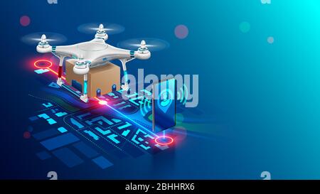 Contactless delivery of order by drone. White 3d UAV flies with box, using gps placemark of geolocation buyer over flight path on city map. Air Stock Vector
