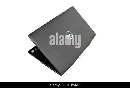 Dubai / UAE - April 24, 2020: New Dell G3 15 (G3-1289-BLK) laptop isolated on white background. Dell notebook cover with logo on it. Stock Photo