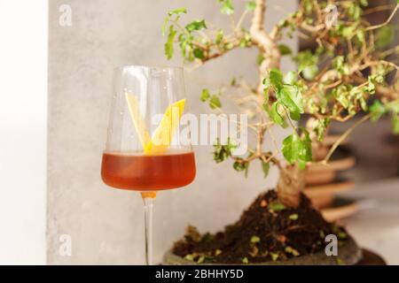 Japanese style cocktail with lemon zest in wineglass, bonsai tree in the background Stock Photo