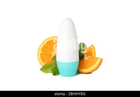 Body deodorants roll-on and orange slices isolated on white background Stock Photo