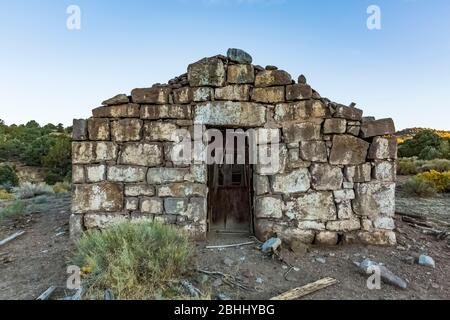 Ruin of a stone masonry building in the old silver and cinnabar mining ghost town of Ione, Nevada, USA [No property release; available for editorial l Stock Photo