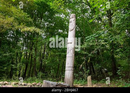 The temple of Dagboga, a pagan idol in the mountain forest of Shapsugi. Dazbog Stock Photo