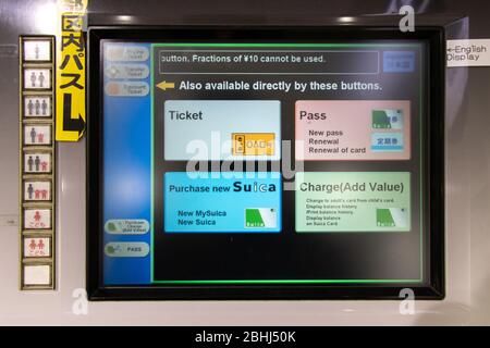 Tokyo, Japan - May 2, 2019 : English menu of Suica vending machine at railway station in Tokyo, Japan Stock Photo