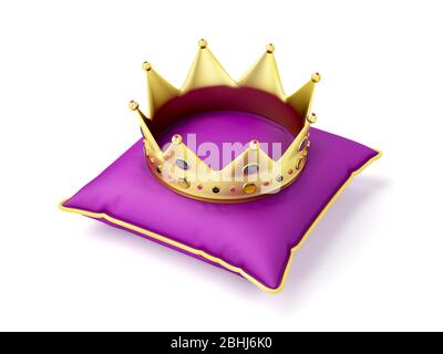 Royal gold crown on purple pillow on white background Stock Photo