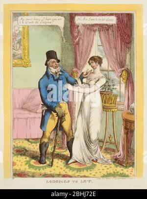 Lodgings to Let, an 1814 engraving featuring a double entendre. He: 'My sweet honey, I hope you are to be let with the Lodgins!' She: 'No, sir, I am to be let alone'.  A fashionably dressed man standing in a well-furnished sitting-room, speaking to a pretty and elegant young woman. He wears a tophat, Hessian boots, and carries a large rough walking-stick.