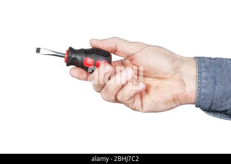 A small screwdriver in his hand. On a white background. Stock Photo