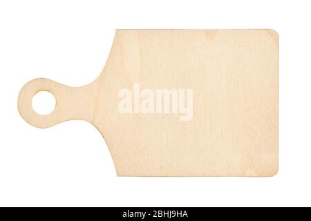 Wooden cutting board with handle isolated on white background. Close up. Stock Photo