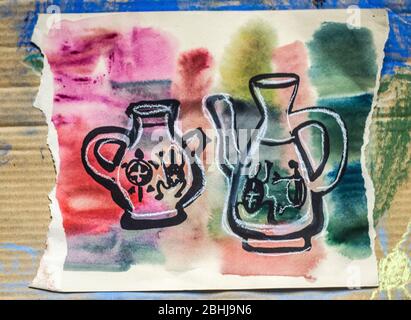 Jugs are drawn in ethnic style. Graphics on watercolor background. Stock Photo