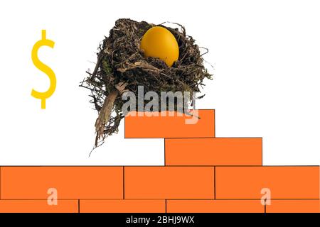 Bird's nest containing a golden egg sitting on a wall of red bricks with dollar signs. Concept: building a nest egg, solid investment, asset value Stock Photo