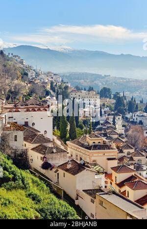 Spain, Andalusia, Granada, distant view of the Alhambra (blurred ...