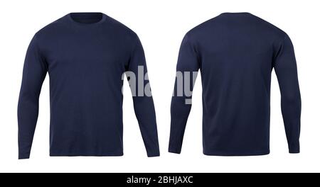 Blue long sleeved t-shirt mock up, front and back view, isolated. Male  model wear plain navy blue shirt mockup. Long sleeve shirt design template.  Bla Stock Photo - Alamy