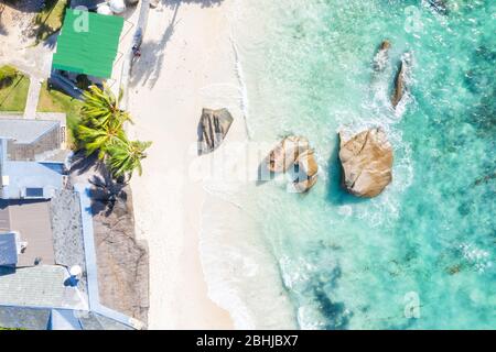 Seychelles Takamaka beach Mahe island villa house nature vacation drone view aerial photo landscape Stock Photo