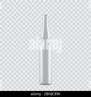 Realistic glass bottles, ampules. 3d glass blank medical containers isolated on transparent background. Vector illustration Stock Vector