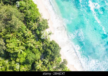 Seychelles Takamaka beach Mahe island vacation drone view aerial photo landscape Stock Photo