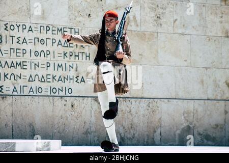 Athens Greece August 28, 2019 View of the changing of the guard at the tomb of the unknown soldier in Athens in the afternoon Stock Photo