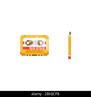 Pixel art vector illustration - audio tape compact cassette and pencil to rewind - isolated 8 bit retro object Stock Vector