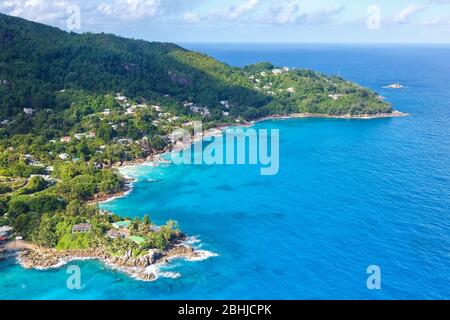 Seychelles landscape luxury villa beach Mahe vacation ocean aerial photo view travel Stock Photo