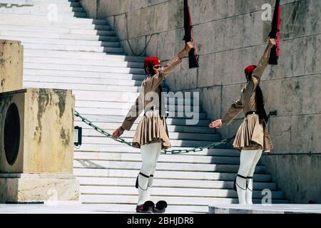 Athens Greece August 28, 2019 View of the changing of the guard at the tomb of the unknown soldier in Athens in the afternoon Stock Photo