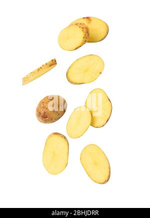 Falling potato slice isolated on white background with clipping path. Stock Photo