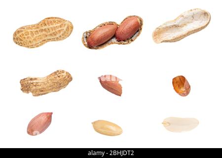 Raw peanuts top view isolated on white background unshelled, shelled, husk, whole, halves Stock Photo