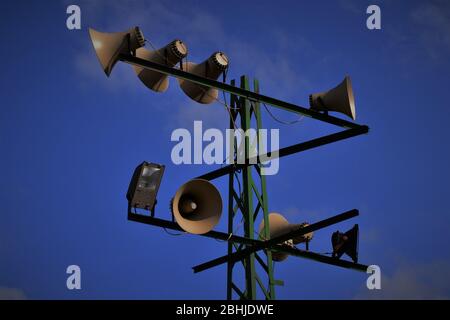 Loudspeaker against blue sky Stock Photo