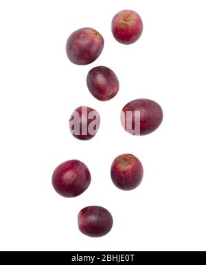 Falling red grapes isolated on white background with clipping path. Stock Photo