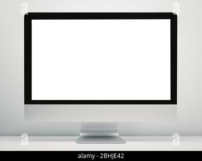 Blank screen computer display for mockup in office interior, Work desk. Stock Photo