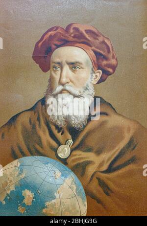 Vasco da Gama, 1st Count of Vidigueira (1460 – 24 December 1524), was a Portuguese explorer and navigator and the first European to reach India by sea. His initial voyage to India (1497–1499) was the first to link Europe and Asia by an ocean route, connecting the Atlantic and the Indian oceans and therefore, the West and the Orient. From the book La ciencia y sus hombres : vidas de los sabios ilustres desde la antigüedad hasta el siglo XIX T. 2  [Science and its men: lives of the illustrious sages from antiquity to the 19th century Vol 2] By by Figuier, Louis, (1819-1894); Casabó y Pagés, Pele Stock Photo