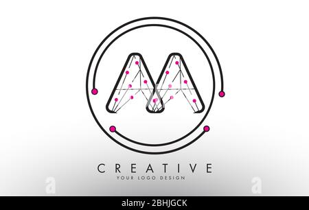 Letters AA A logo initials with Wires and pink dots template. Vector Illustration with letter A. Technology Abstract Line Connection Circle Vector Log Stock Vector