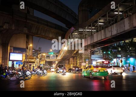 Bangkok, Thailand - February, 2020: View on busy Ratchadamri road in evening rush hour near Central World shopping center Stock Photo