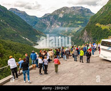 Cruise passengers during shore excursion in Geiranger fjord, Norway