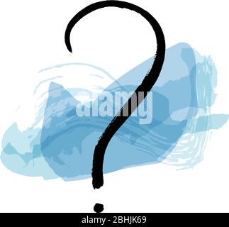 Vector question mark, hand drawn in ink with blue watercolor brush strokes, the concept of doubts, answers etc Stock Vector
