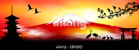 Mount Fuji. Japanese landscape with a pagoda, a gate, with Japanese cranes and sakura. Mount Fuji silhouette at sunset. Stock Vector