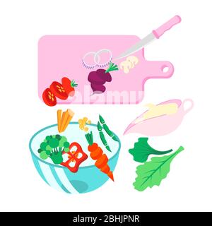 Fresh meal flying into a glass bowl, cooking fast food. Prepering salad with sliced vegetables on cut board with knife, sauce in gravy boat. Cooking Stock Vector