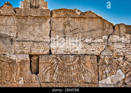 Bas-reliefs in the Tachara with a zoroastrian symbol, Palace of Darius the Great, Persepolis, Iran Stock Photo